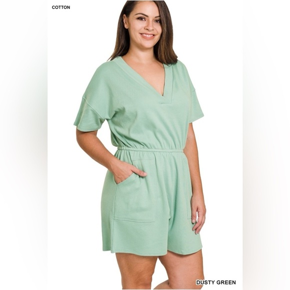 New! Plus Size Dusty Green V-Neck Romper Size 1X 2X 3X - Picture 1 of 5